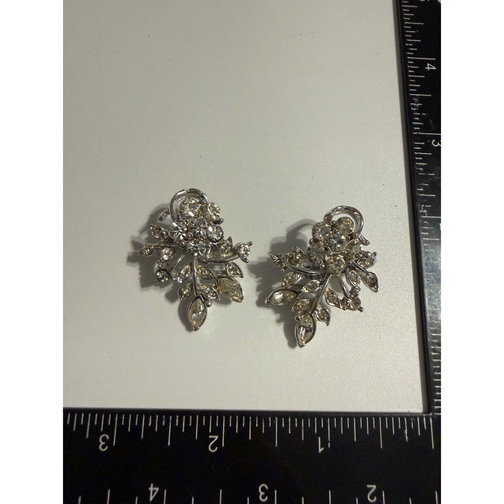 Vintage Silver Tone Rhinestone Floral Spray Clip On Earrings Screw Back Mid Cent